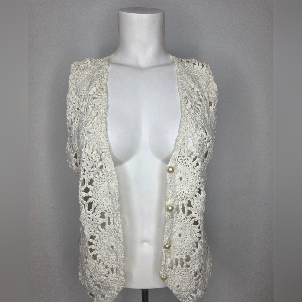 Hanna Casual Size S - Handmade Crochet Top Vest In Offwhite Color